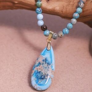 Blue Imperial Jasper Natural Stone Pendant Luxe Choker Necklace